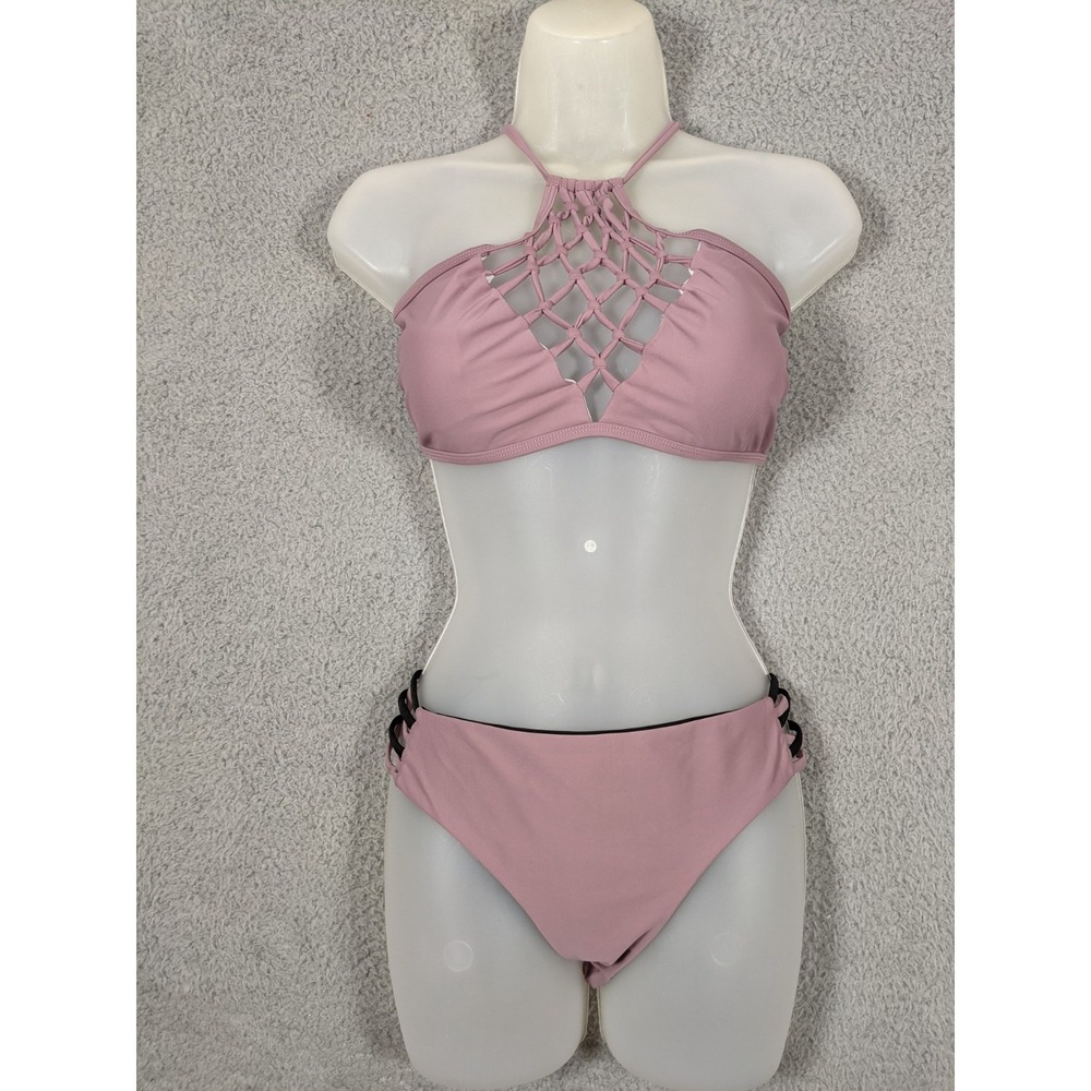 Pinkblush Maternity Lattice Halter Bikini Set L Mauve Swimwear Boho Coquette